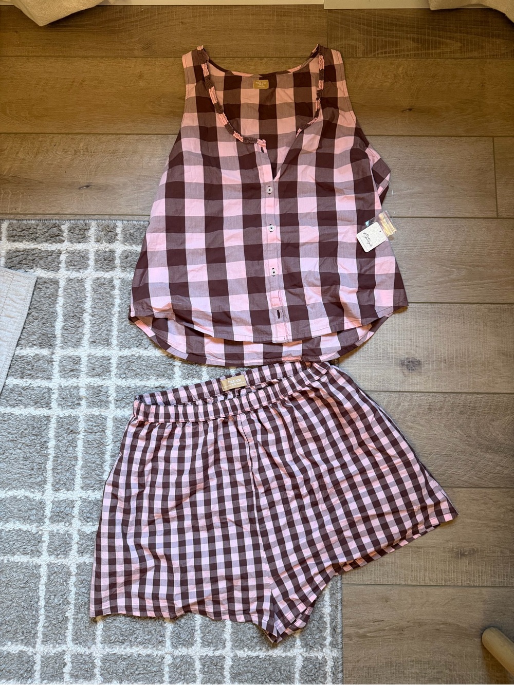Women's Pink & Brown Gingham Set - Tank Top & Shorts